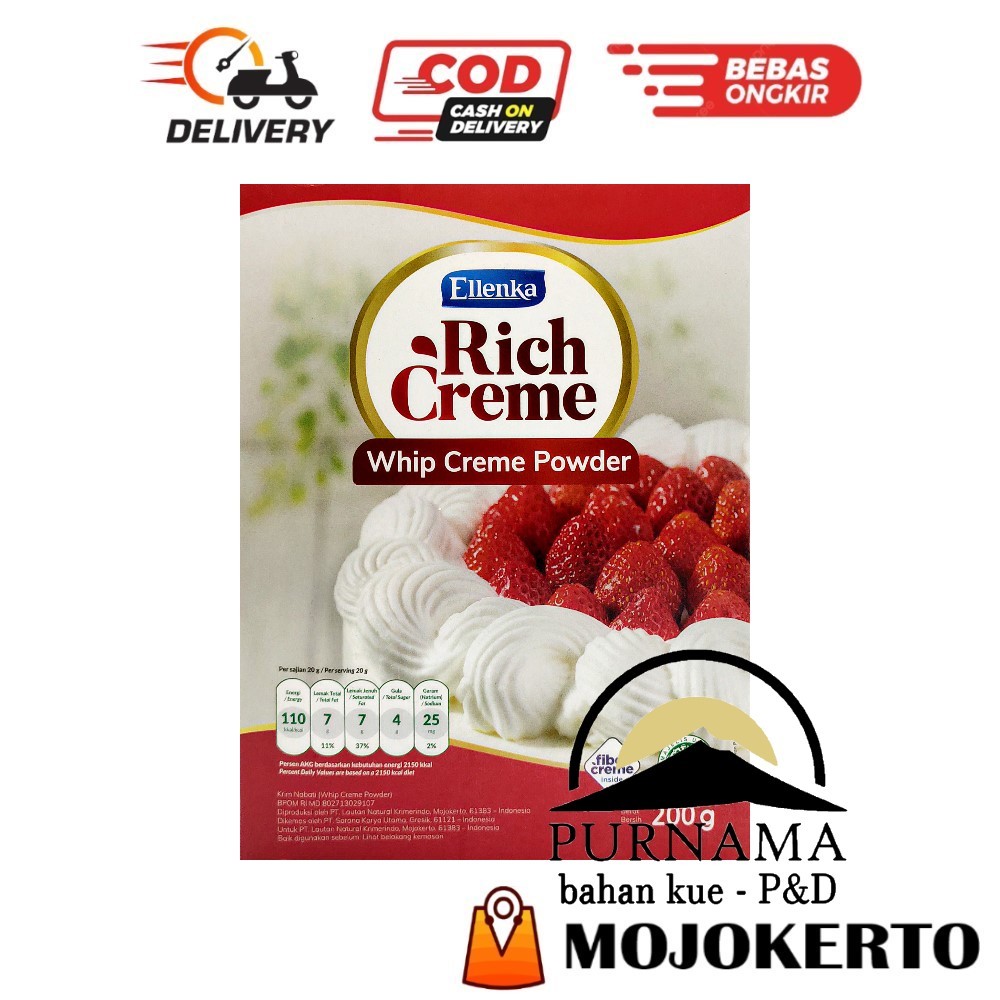 

ELLENKA RICH CREME 200GR WHIP CREAM TOPPING WIP KRIM PUTIH CAKE ISIAN MOCHI KOKOH KAKU BUBUK HALAL