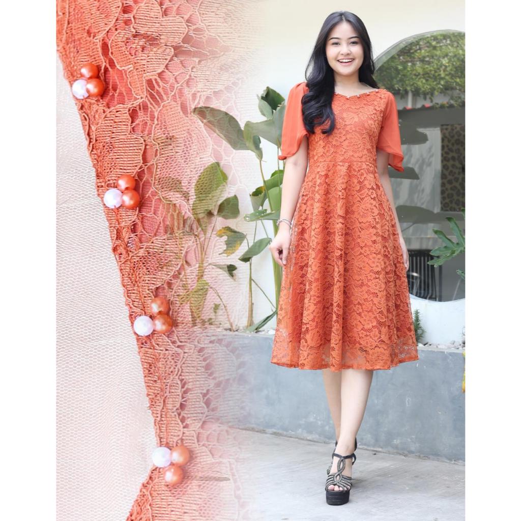 Dress Brokat Natal Wanita Remaja Warna Terakota Gaun Wanita Pesta Natal