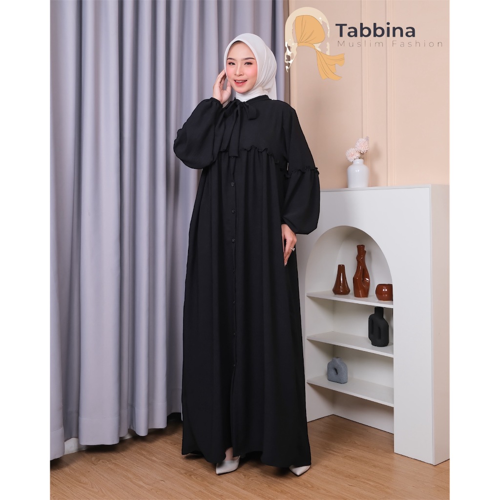 Gamis Wanita Polos Syari Rempel Tali Leher Bahan Adem | Gamis Tabbina Muslim Dress Lengan Balon Busu