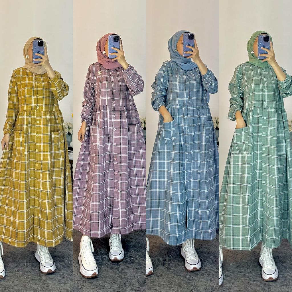 LAURA DRESS BAHAN KATUN KOTAK / MIDI DRESS LENGAN PANJANG