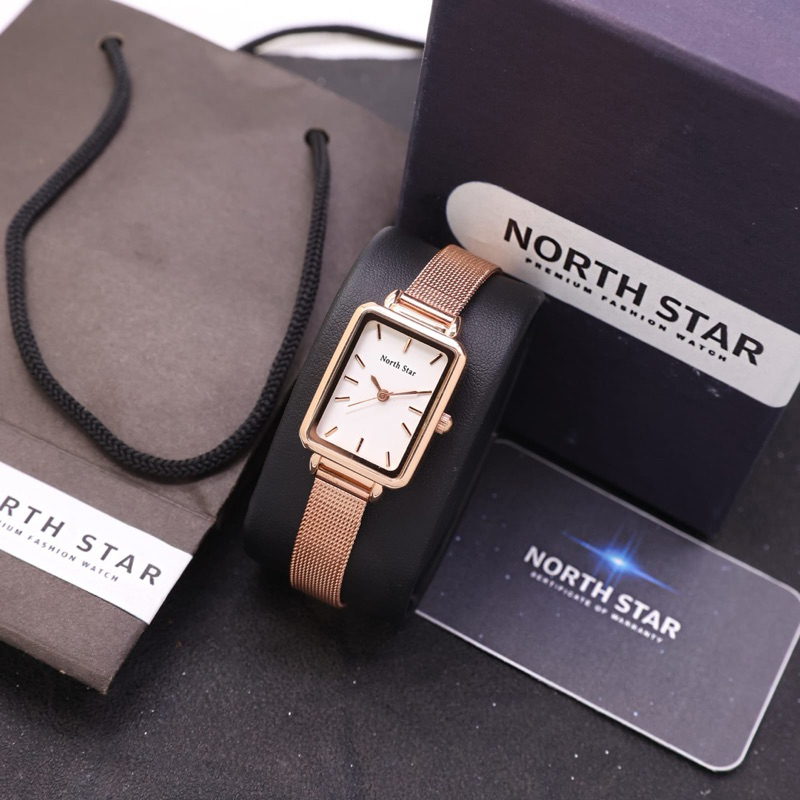 ORIGINAL - Jam tangan casual wanita NORTH STAR Mini watch square rantai pasir full set original