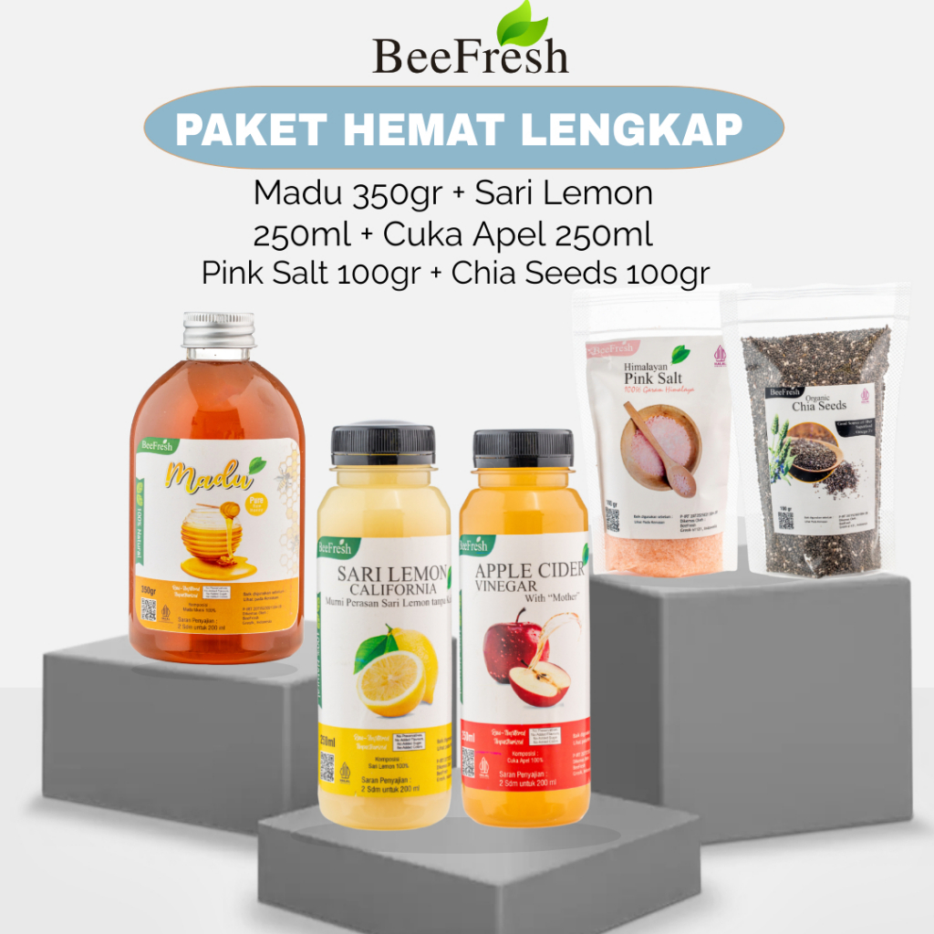 

BeeFresh - PAKET HEMAT LENGKAP - Madu 350gr-Cuka Apel 250ml-Sari Lemon 250ml-ChiaSeed-PinkSalt 100gr
