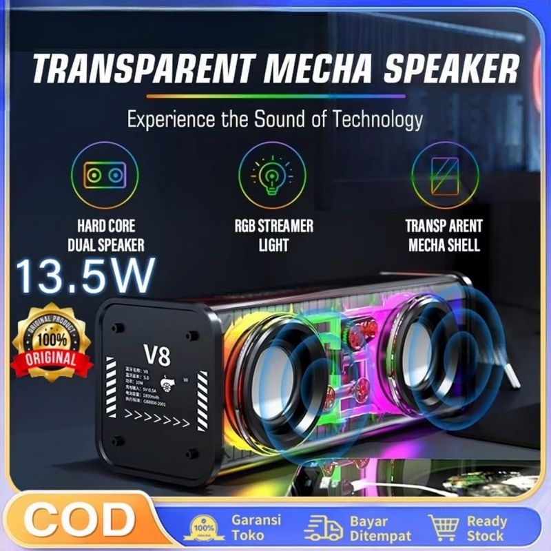 Speaker Bluetooth Fleco V8 Transparent RGB Light Music Armour Dual Speaker Portable Subwoofer Super