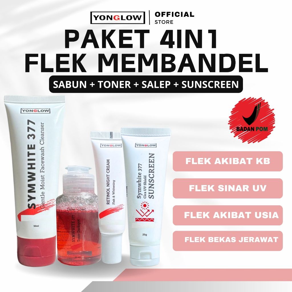 Yonglow Paket 4in1 Flek Hitam Membandel Symwhite 377 Sabun Toner Salep Malam Retinol Sunscreen Flek 