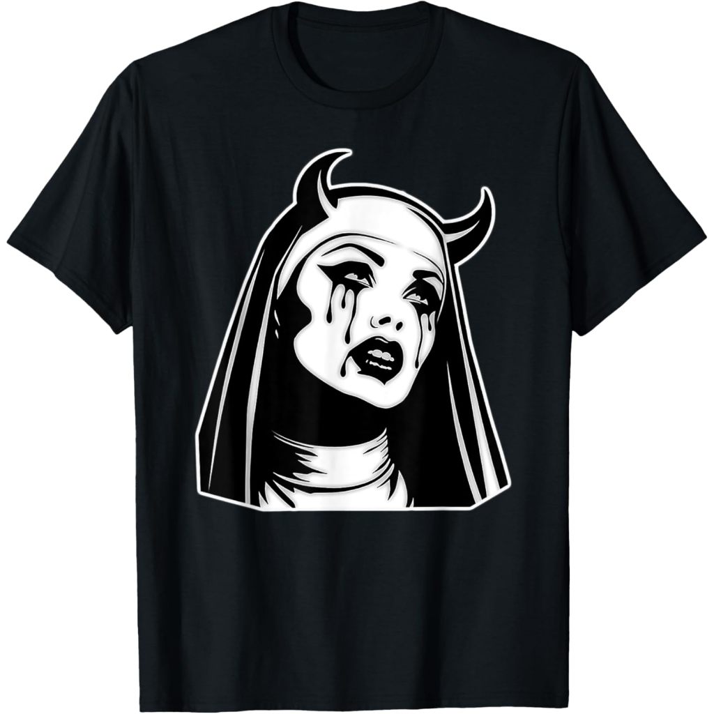 Baju kaos Evil Nun Vampire Devil Horns Gothic Blackwork T-Shirt