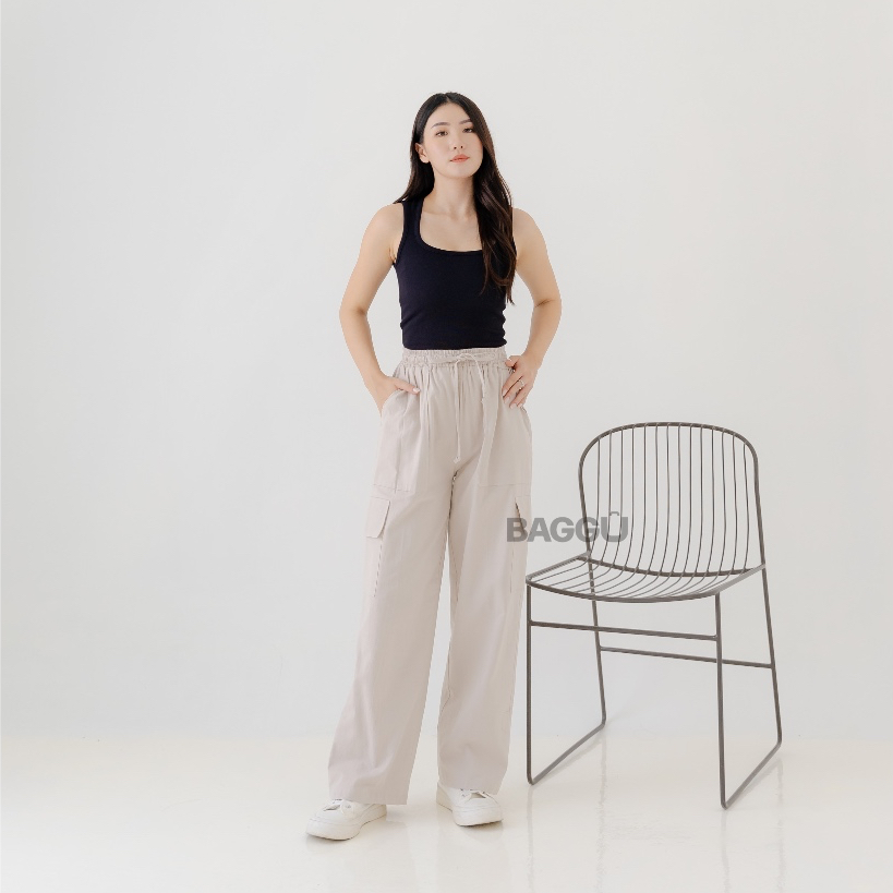BAGGU Cargo Pants Hanami - CREAM - Celana Cargo Linen Panjang Wanita Loose Pants Highwaist