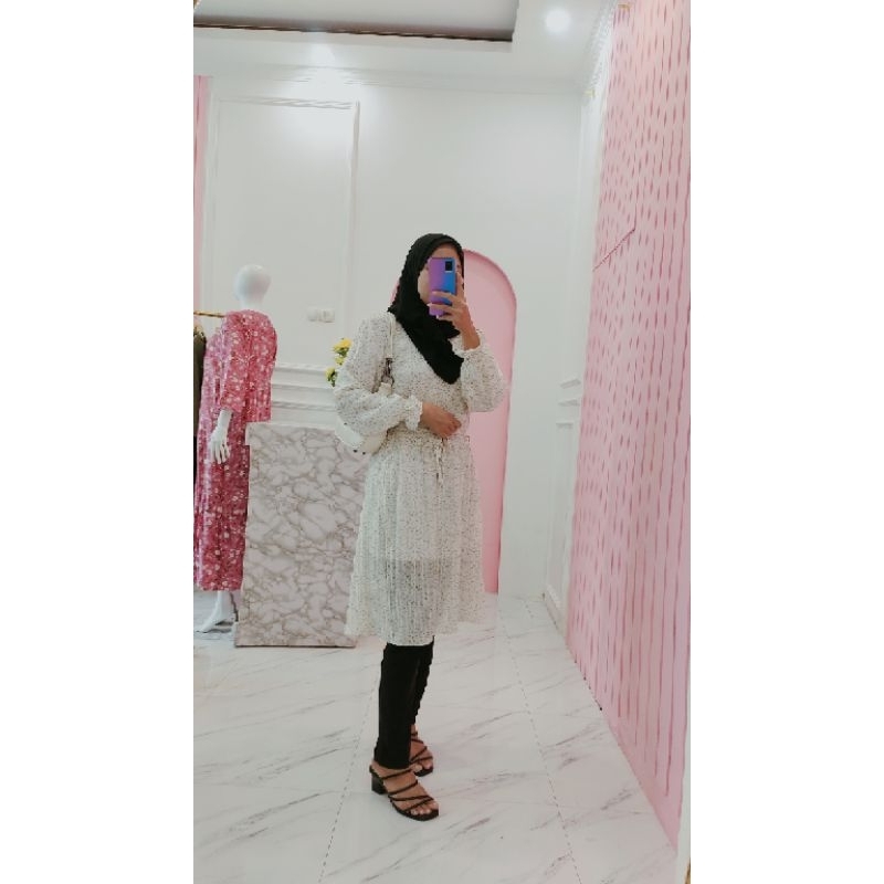 Tunik Ceruty import full furing motif bunga kecil