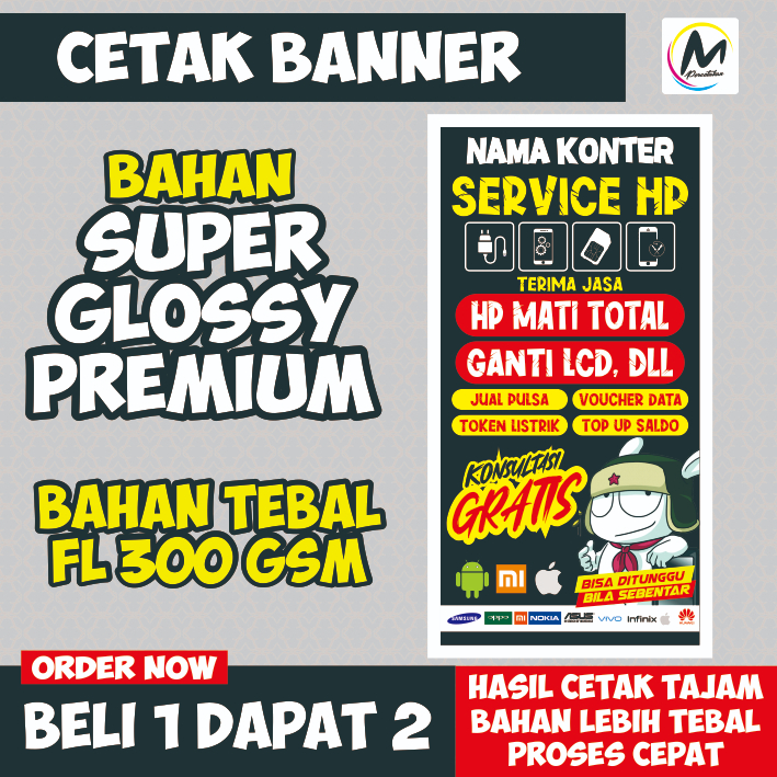 Cetak Banner Konter Servis Bahan Tebal 300 Gsm - Ukuran 50x100