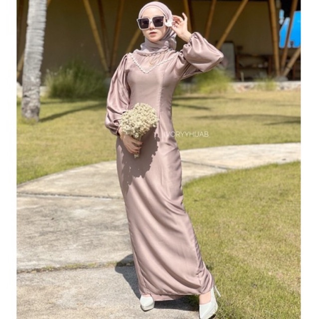 Calendula Dress Gamis Pesta Bridesmaid Ready Jumbo Satin Dress Kondangan Lengan Karet Kekinian Konda