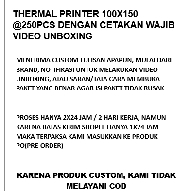 

Kertas Thermal DENGAN CETAKAN WAJIB VIDEO UNBOXING 100x150 250pcs Stack(BUKAN ROLL/GULUNG) BISA CUSTOM DESAIN ATAU MEREK ATAU LOGO
