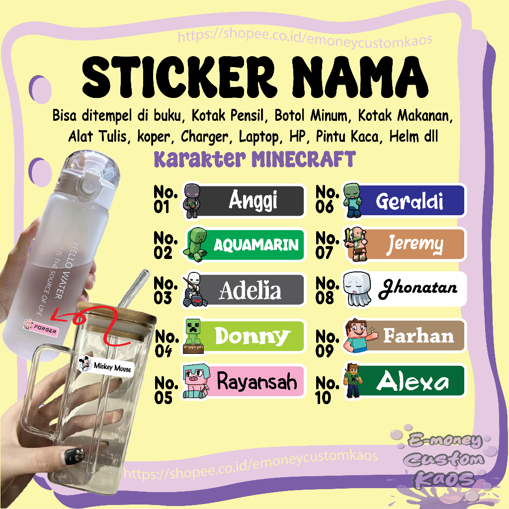 

STICKER LABEL NAMA MINECRAFT GAME STIKER CUSTOM LEBEL PREMIUM MURAH LUCU BISA TEMPEL DI BUKU KOTAK PENSIL HELM BOTOL MINUM KOTAK MAKANAN ALAT TULIS KOPER LAPTOP HP PINTU KACA