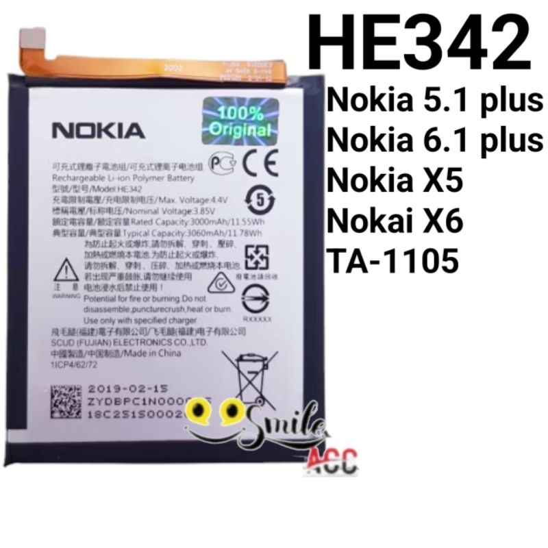 Baterai Nokia 5.1 plus  X5  Nokia 6.1 plus  X6 HE342  TA-1105 Original 100