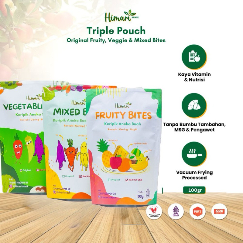 

Himari Triple Pouch Keripik Buah Sayur Kering Mix (isi 3pcs) Cemilan Sehat Halal