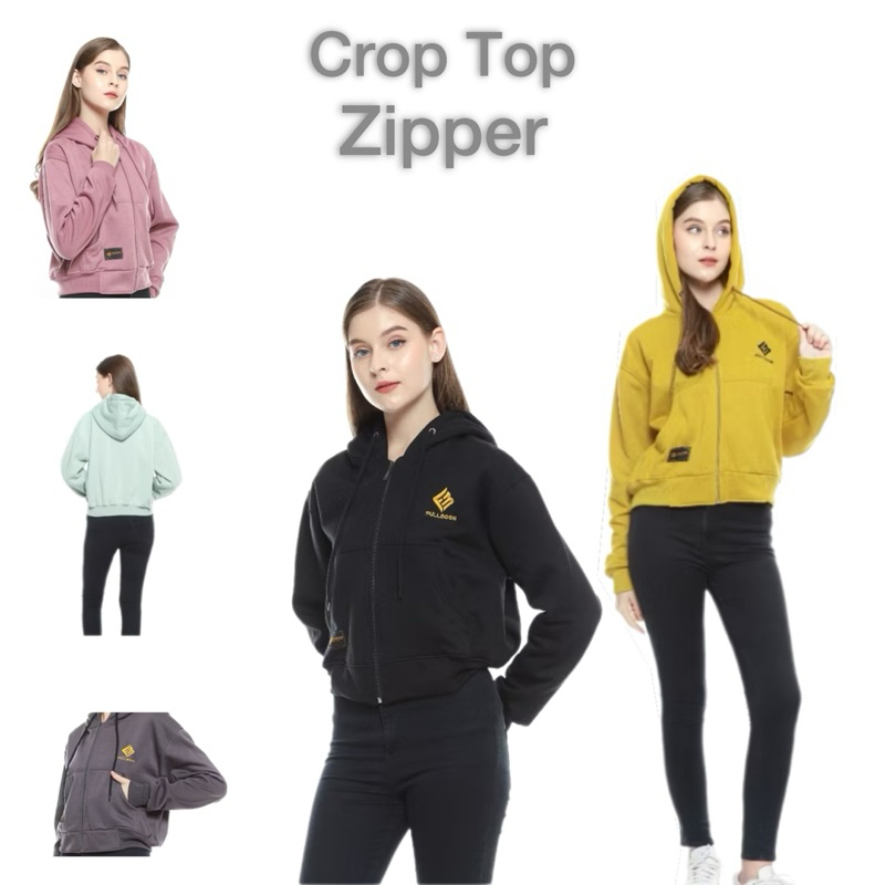 Crop Top Hoodie Zipper Resleting Fullmoon Cewek Tebal Bordir Premium