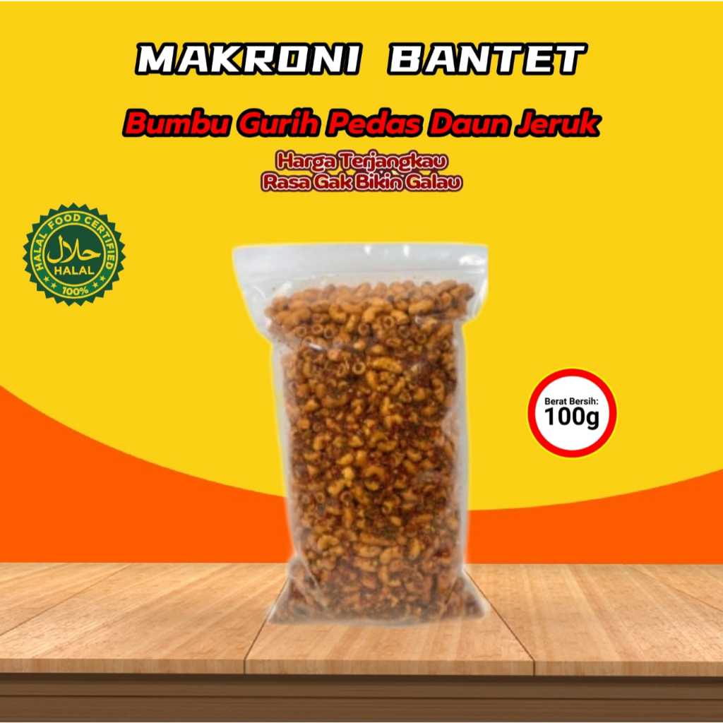 

Makroni Bantet Pedas Gurih Daun Jeruk Kemasan 100 GRM