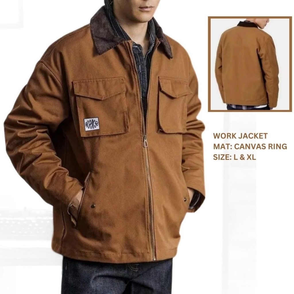 Work Jacket Vintage Original Jaket Parka kanvas Pria Polos Terbaru