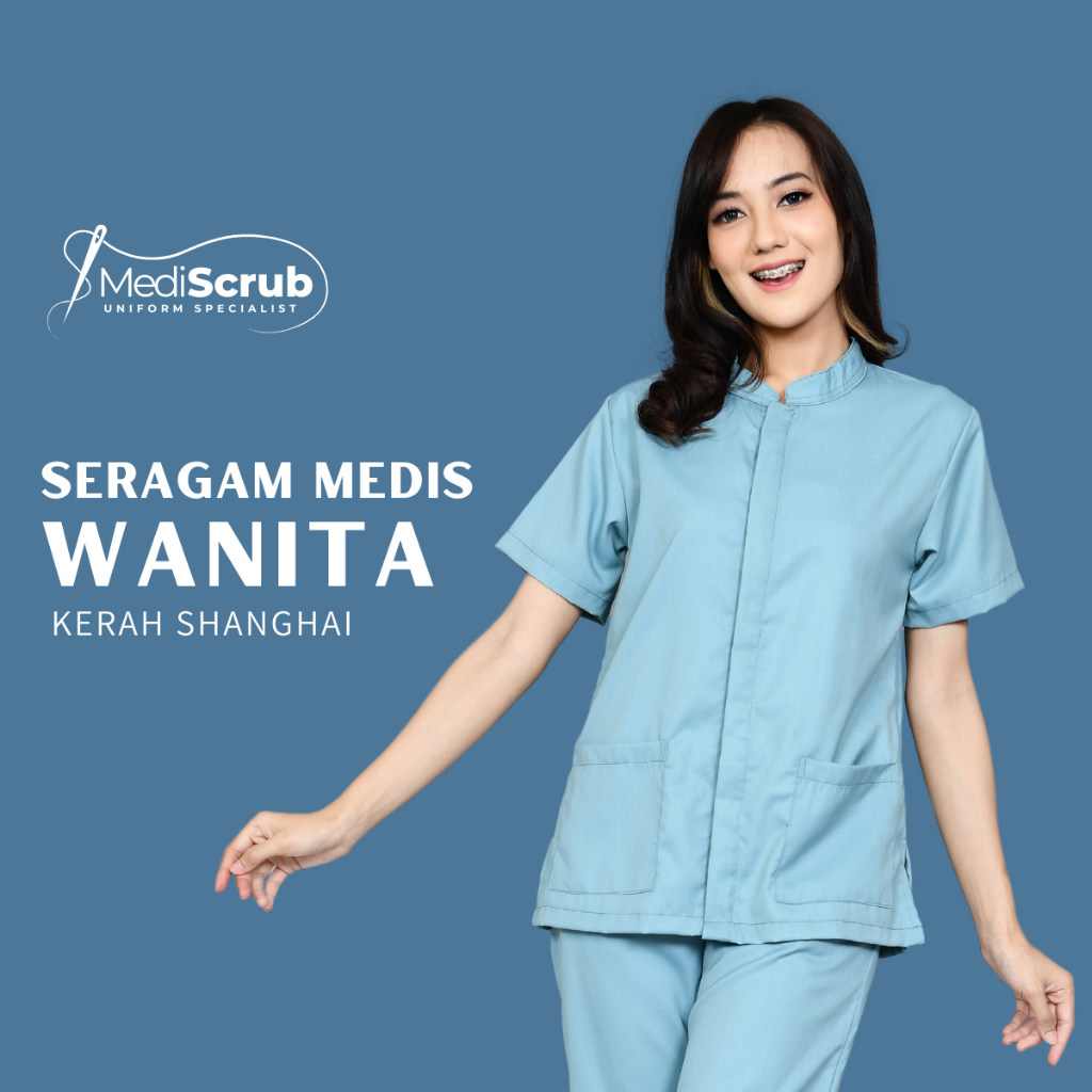 MEDISCRUB - Baju Jaga Dokter Perawat Wanita Kerah Koko l Shanghai l Baju Kerja Wanita Seragam Rumah 
