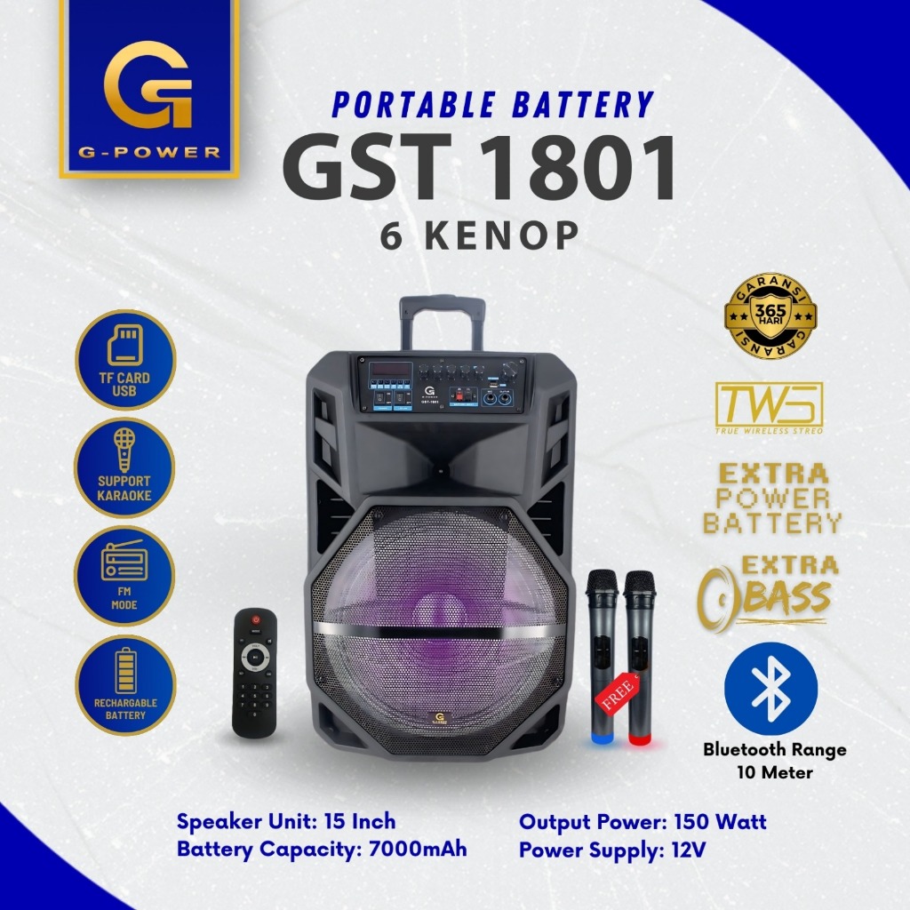 G-POWER Speaker Bluetooth Gst-1801 7kenop / 6 Kenop Profesional Portable Battery Speaker Free 2 Micr