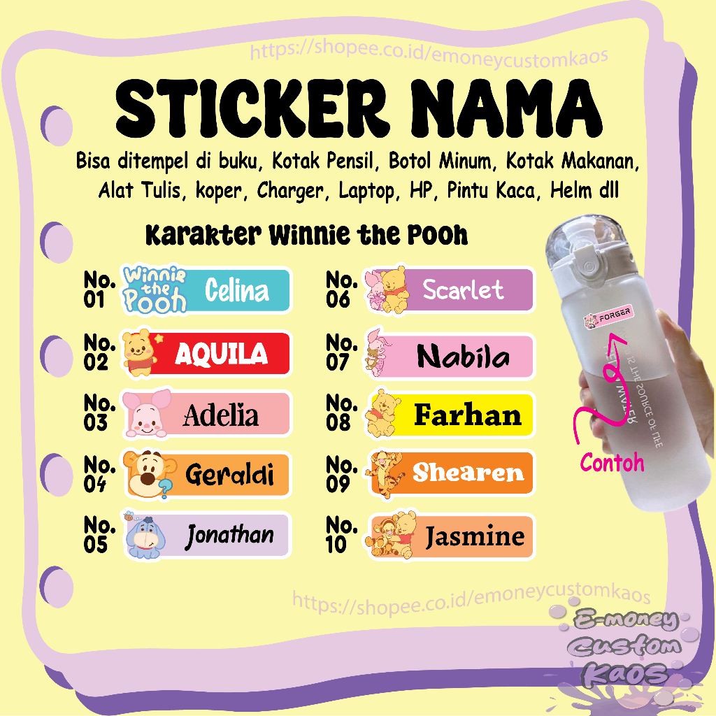 

STICKER LABEL NAMA WINNIE THE POOH ANAK STIKER CUSTOM LEBEL PREMIUM MURAH LUCU BISA TEMPEL DI BUKU KOTAK PENSIL HELM BOTOL MINUM KOTAK MAKANAN ALAT TULIS KOPER LAPTOP HP PINTU KACA