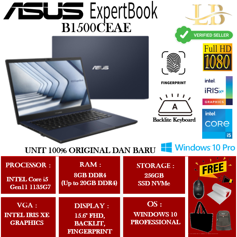 Laptop Asus Expertbook  B1500CEAE Intel Core i5 1135G7 8GB 256GB SSD 15"Full HD BL FP Win11 Pro
