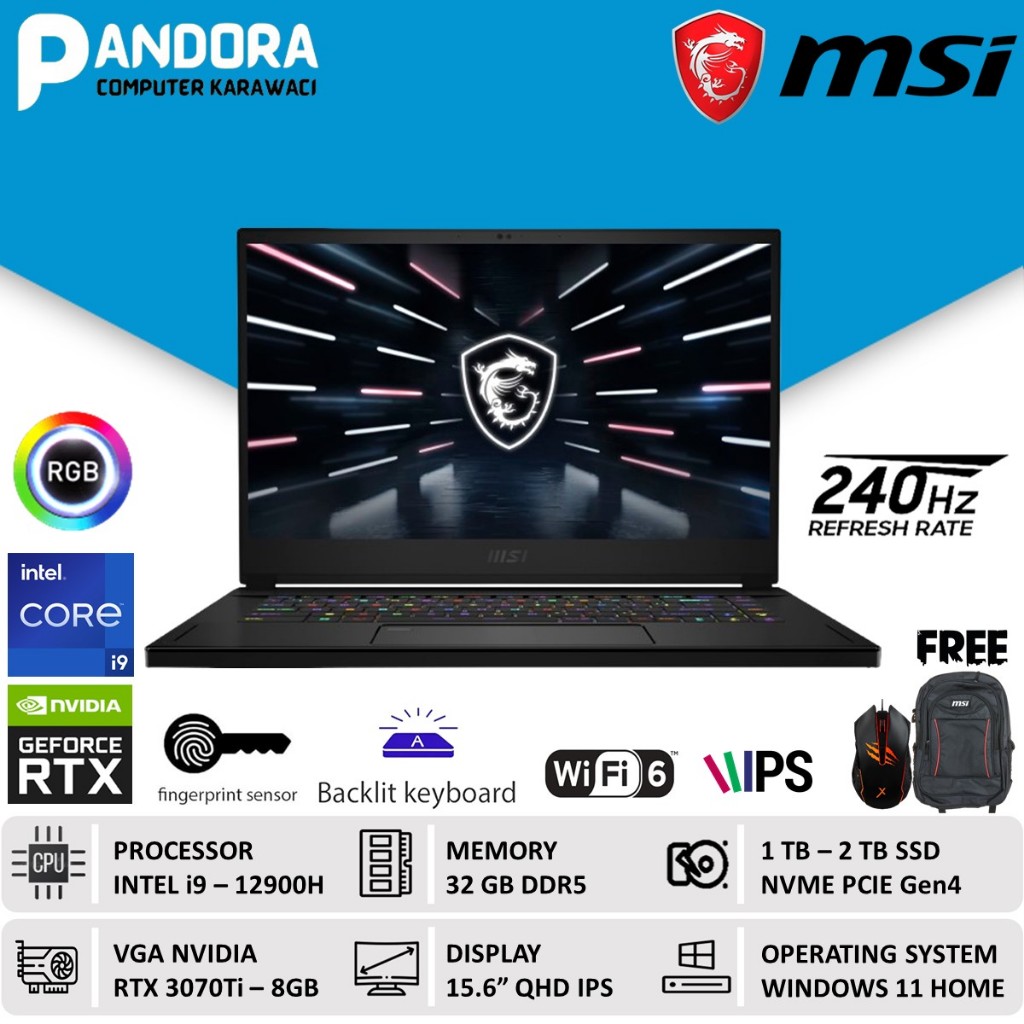 MSI GS66 STEALTH RTX3070TI 8GB I9 12900H 32GB 1TB SSD 15.6 QHD IPS 240HZ PKRGB WIN11