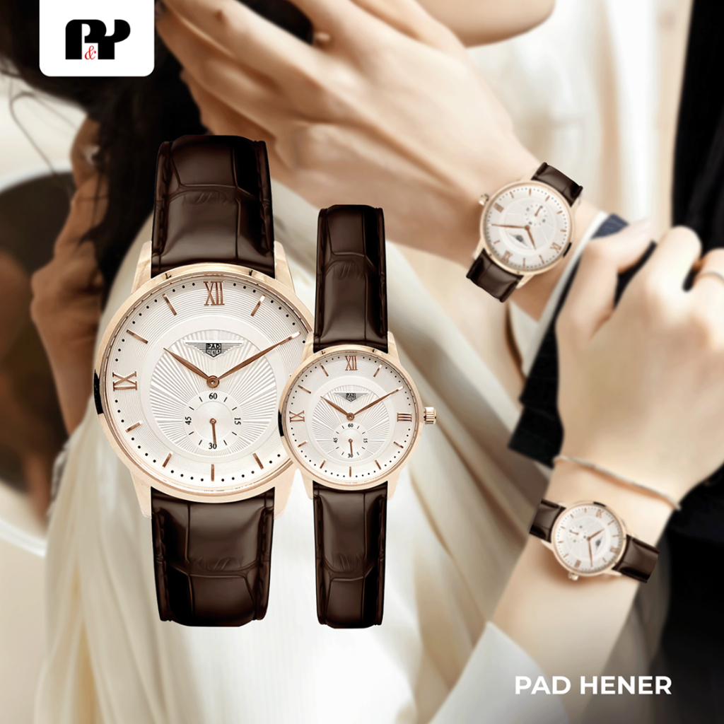 Jam Tangan Couple Pria Wanita PadHener Liones Kulit Anti Air Kaca Mineral Sapphire + Kotak | COD