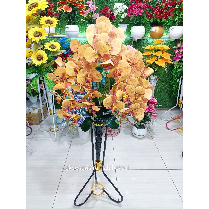 Rangkaian Bunga Anggrek Latex 5 Tangkai Dengan Pot Standing Besi