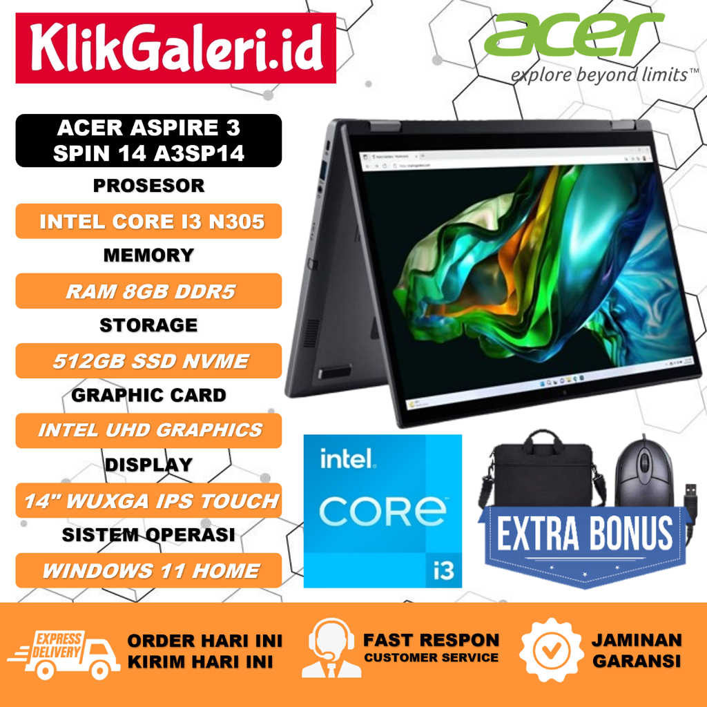 LAPTOP TOUCHSCREEN ACER SPIN 3 INTEL CORE I3 8GB DDR5 512GB SSD 14.0 WUXGA IPS TOUCH SILVER