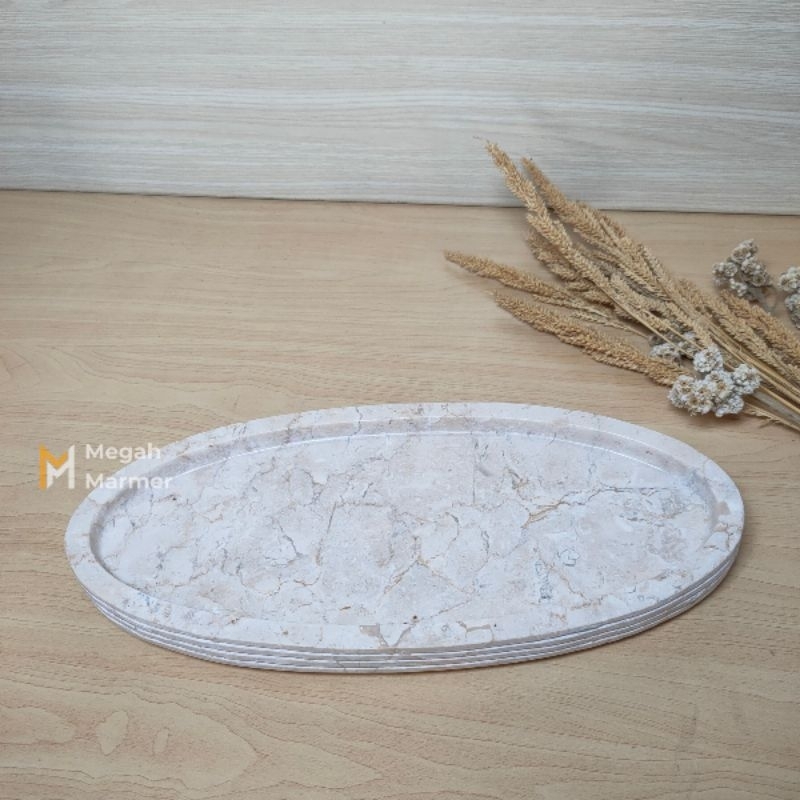 Tatakan Marmer Oval / Marble Tray Oval Motif Garis Panjang 30cm Warna Cream Glossy