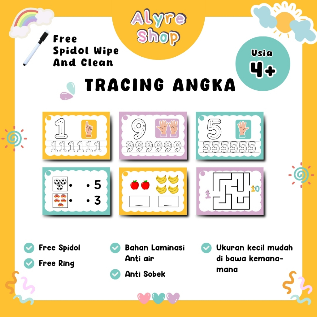 

[ALYRE] Wipe and Clean Tracing Angka Flashcard Angka berhitung Free Spidol wipe and clean Belajar menulis angka untuk anak usia prasekolah