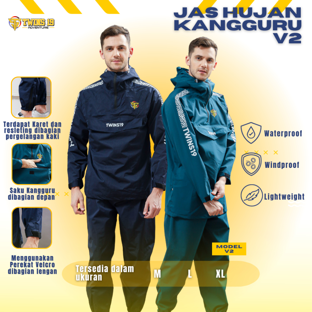 Jas Hujan Saku Kangguru V2 Twins19 Twins Nineteen Setelan Jaket Celana Pria Wanita Kantong Kanguru