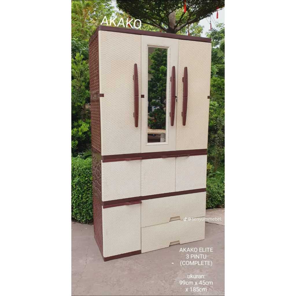 SENYUMMEBEL Lemari pakaian plastik 3 pintu gantung  2 laci rotan AKAKO LP3P ELITE