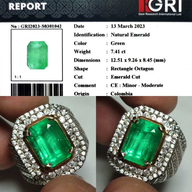 HOT ITEM Natural Emerald Colombia Minor 7.4ct GRI Top Crystall Full Luster Ring Perak Microsetting C