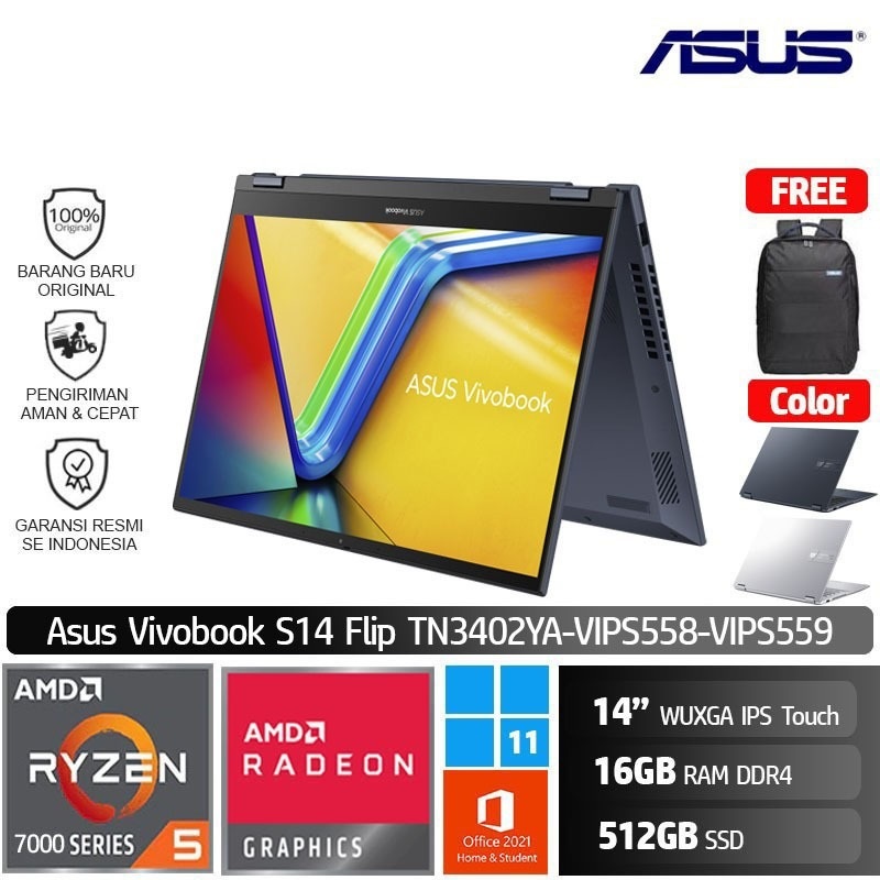 Asus VivoBook Flip 14 TN3402YA VIPS558 Ryzen 5 7430U 16GB 512GB Win11 OHS WUXGA Touch