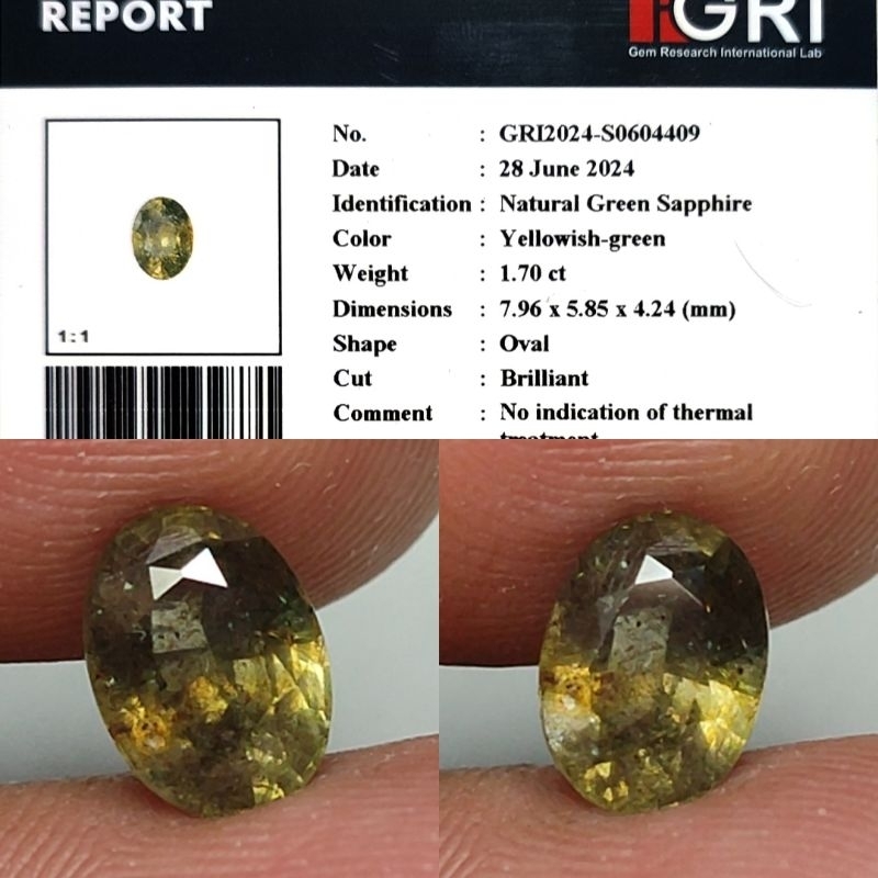 Natural Green Sapphire No Heated 1.7ct Memo GRI Good Luster Gemericik