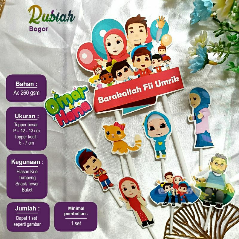 Cake Topper Karakter Omar Hana 1 set / Hiasan Kue Tusukan Kue Tart Ulang Tahun Anak