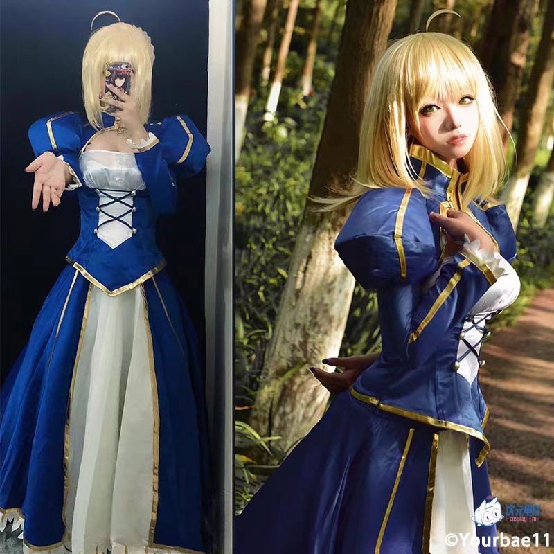 Anime Fate/Stay Night Saber Cosplay Costume Blue Long Dress Saber Halloween Uniform Women Outfits