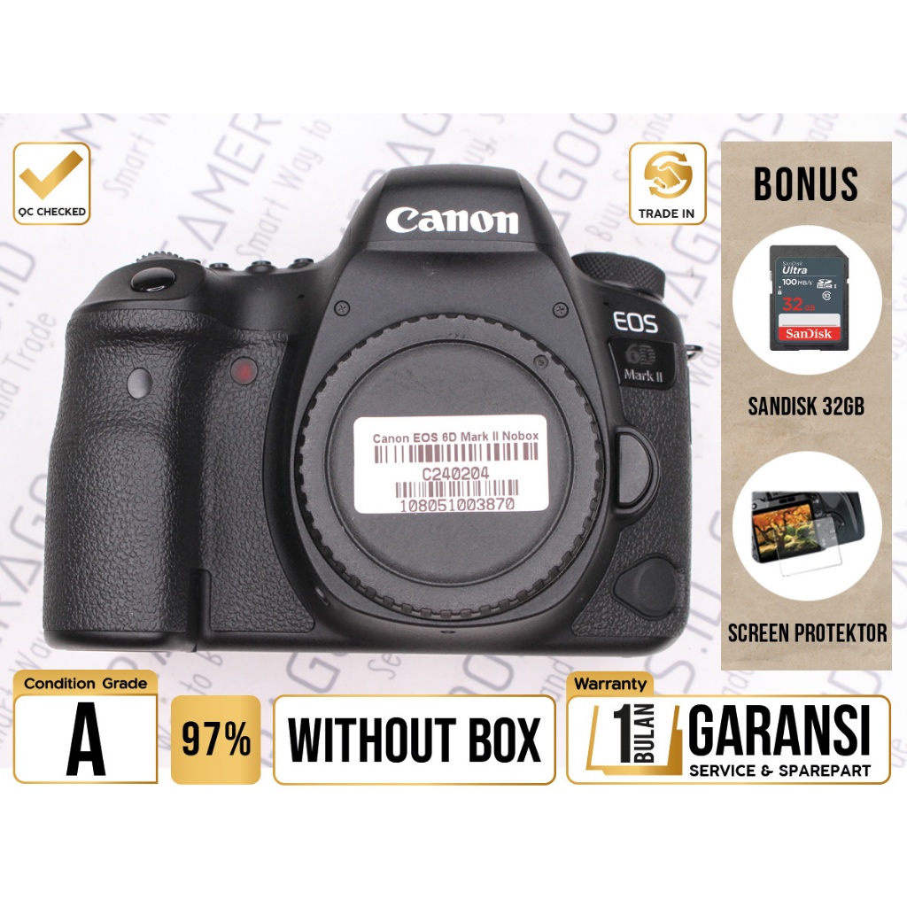 Canon Camera EOS 6D Mark II DSLR Full Frame Body Only  - Grade A - C240204 Kamera Profesional Digita