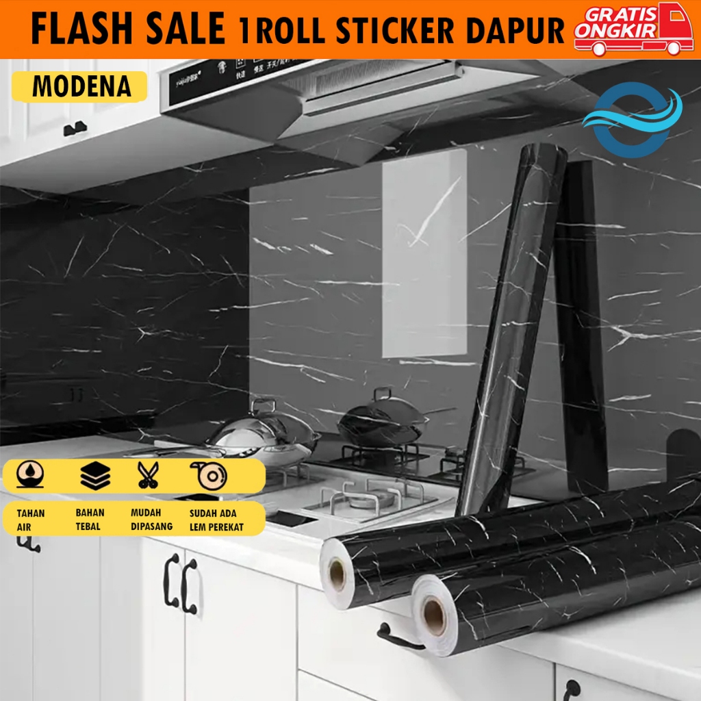 WALLPAPER STIKER MARMER KITCHEN DAPUR MURAH ANTI MINYAK ANTI AIR 60CMX3M MOTIF MARMER HITAM GLOSSY