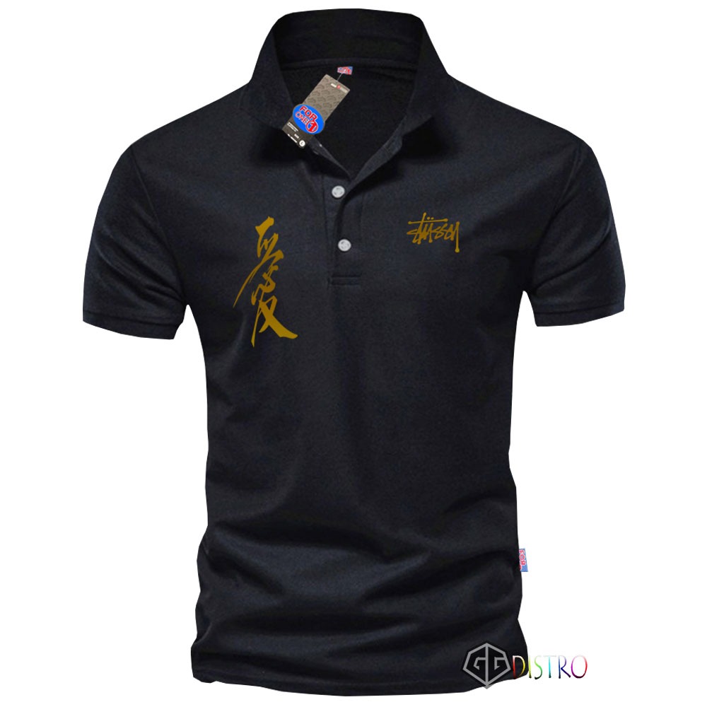 T-SHIRT POLO - Kaos Polo Kerah Lengan Pendek Stusy Text Jepang Gold Baju Polo Seragam Polo Wangki Pr