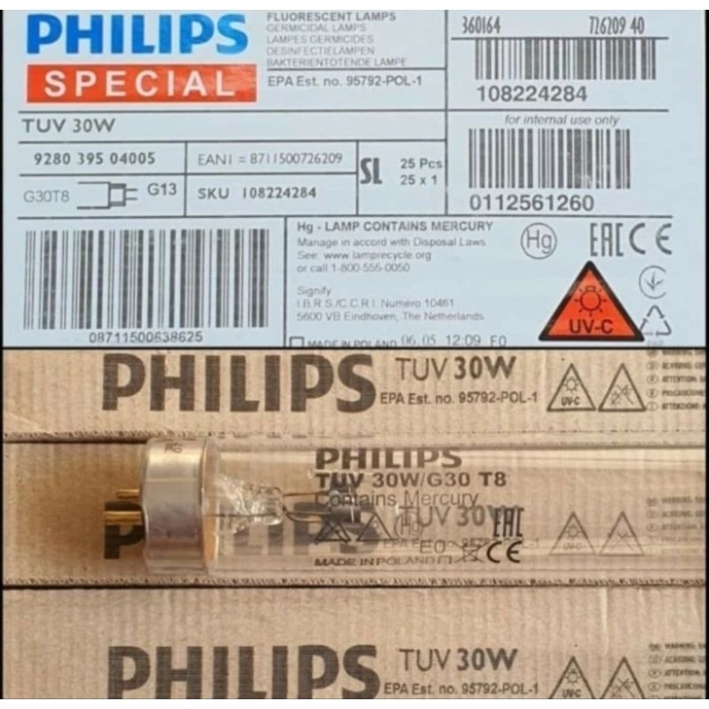 Lampu PHILIPS TUV 30W G30 T8 Lampu TL UV Ultrafiolet C UVC ORIGINAL PHILIPS