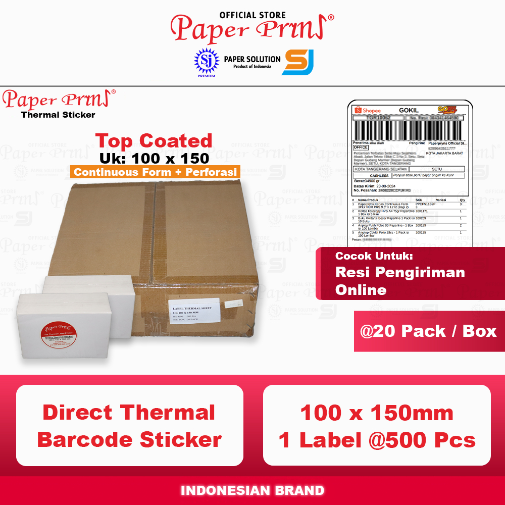 

Kertas Label Thermal 100x150mm Lembar Paperpryns 500 Pcs Sticker Barcode Resi (1 Box isi 20 Pack)