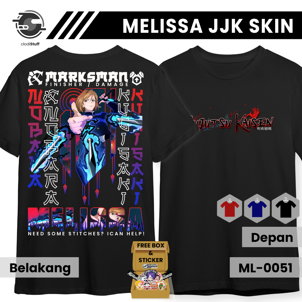 Kaos MLBB MELISSA NOBARA KUGISAKI SKIN JUJUTSU KAISEN JJK Mobile Legends Lengan Pendek Hitam Combed 