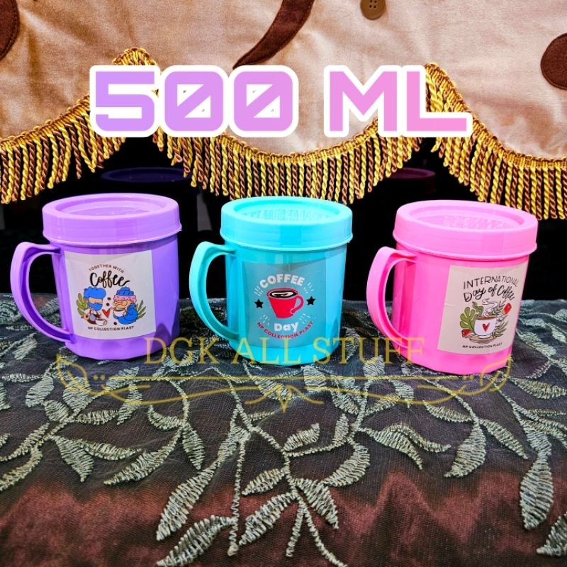 Mug Cangkir Gelas Gagang Tutup Bertutup DRAT PUTAR Bergambar Gambar Es teh Kopi Plastik Hadiah Souve