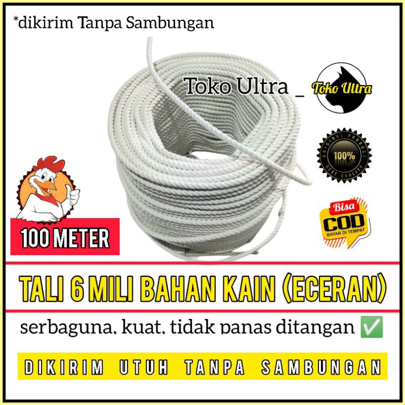 TALI BAHAN KAIN 6MM PANJANG 100 METER / TALI 6MM BAHAN KAIN / TALI KATUN 6MM / TALI KURALON 6MM / TA
