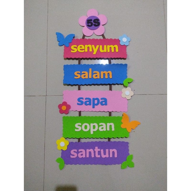 Hiasan Tempel Kamar, Ruangan, Kelas 5S (Senyum, Salam, Sapa, Sopan, Santun) | Hiasan Dinding 5S