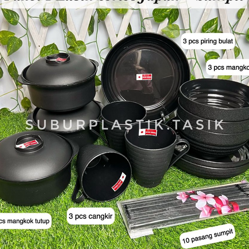 Grosir 2 JAPAN SERIES 1 Lusin Mangkuk Piring Gelas Mangkok Tutup  Sumpit Ramen Plastik Hitam Tebal