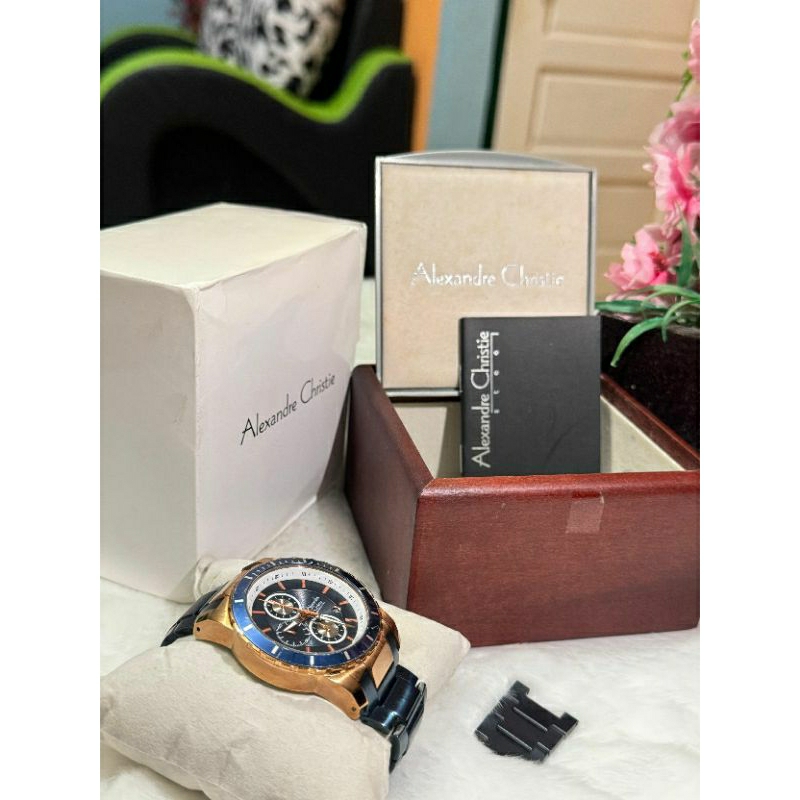 Dijual Jam Mewah Alexandre Christie, AC 6141 MC Rosegold Dial Biru Rantai
