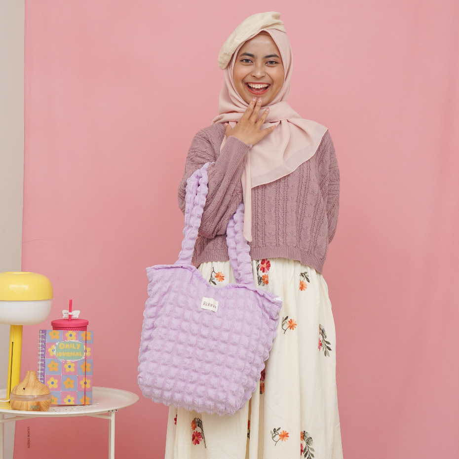 Clara Puff (Lilac) Shoulder Bag Tas Bahu Wanita Bubble Grid Korean Tote Bag Aesthetic Style