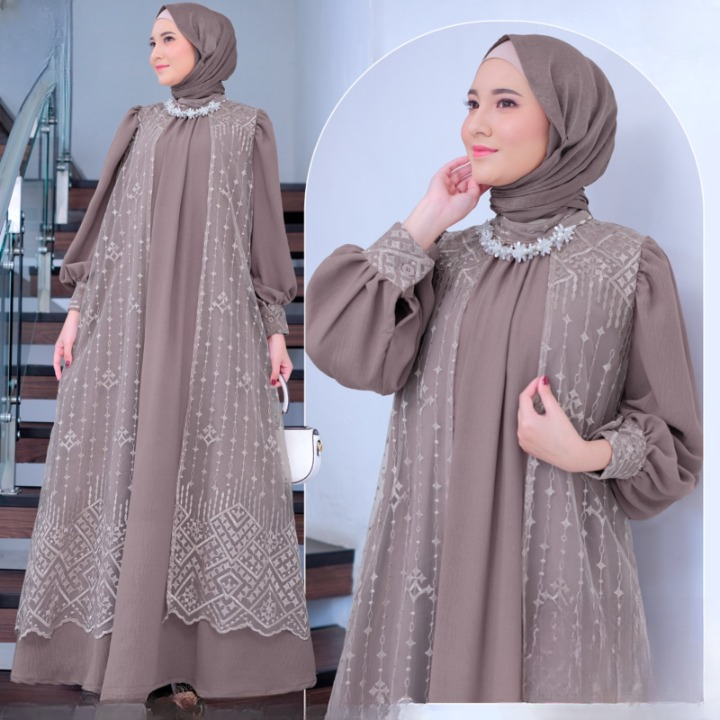 Gamis Brukat Kondangan Zahrany Dress BO M L XL XXL Bahan Airflow Mix Tile Baju Gamis Wanita Pesta Me